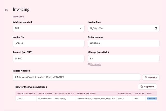 An invoice raised from the job, with mileage and the row for the invoice workbook
