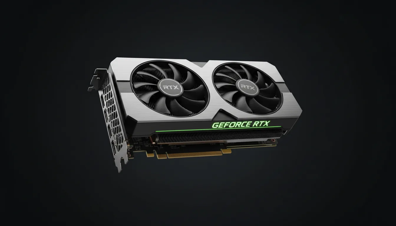 DSLR product shot of a high-end NVIDIA GeForce RTX GPU, Founders Edition style, captured from a low-angle view. The graphics card is floating horizontally, perfectly centered against a solid black background. Soft studio lighting elegantly highlights the textures of the brushed silver aluminum frame and the matte black finned heatsink. The dual axial fans are sharp and detailed. The entire object is in crisp, sharp focus, creating a clean, powerful, and high-end commercial aesthetic with cinematic contrast.