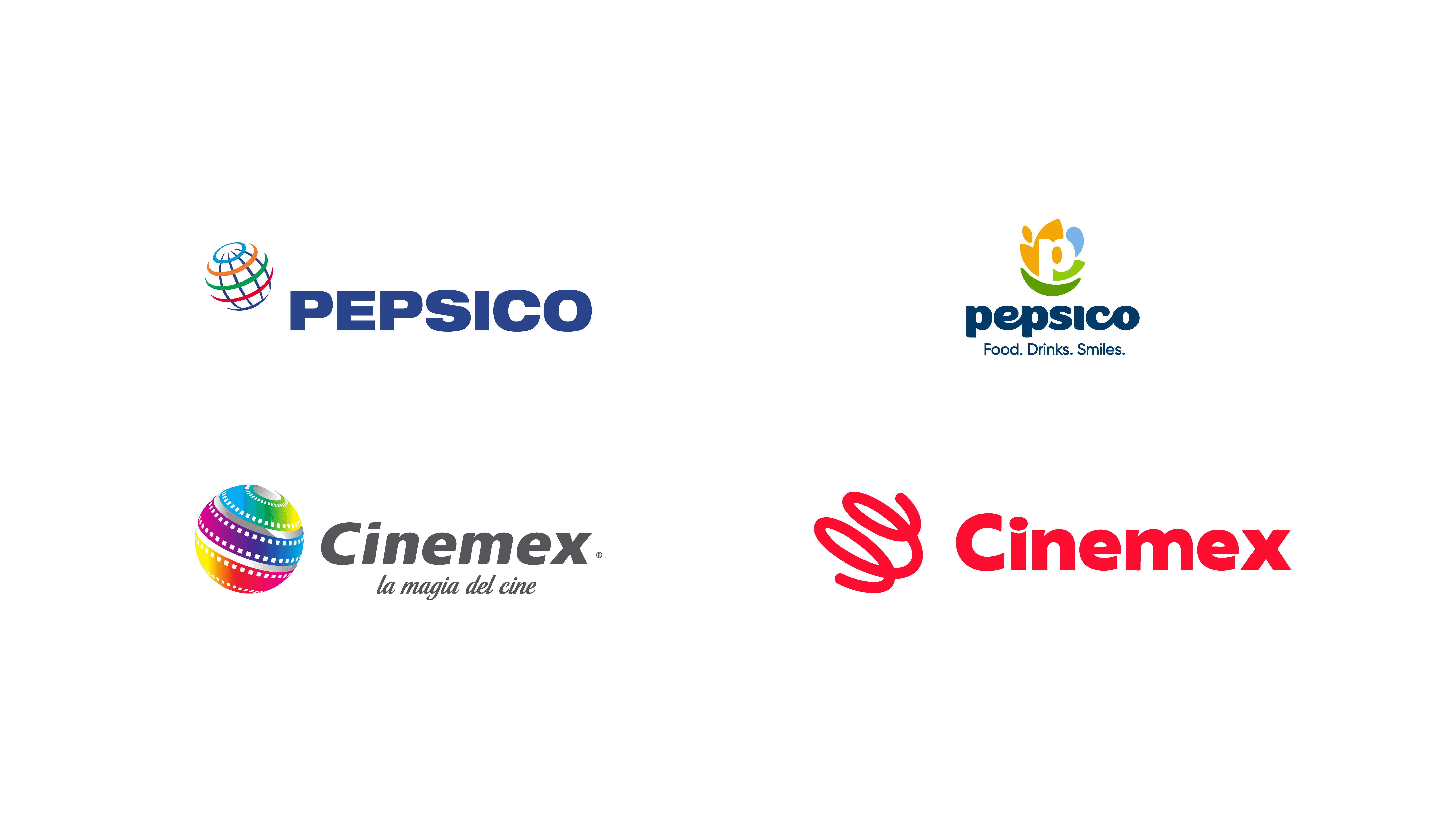 PepsiCo and Cinemex logos displayed in older and newer brand identity versions for comparison.