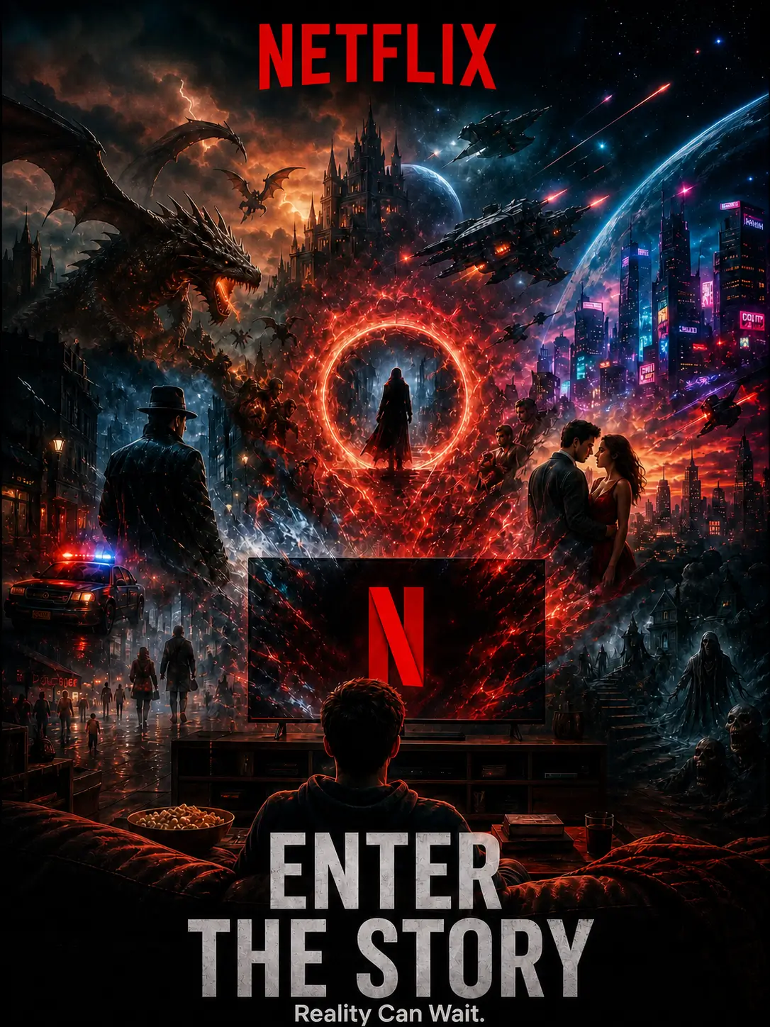 AI-generated Netflix entertainment poster with a cinematic portal-like scene and dramatic red glow, inviting viewers into a fantasy world.