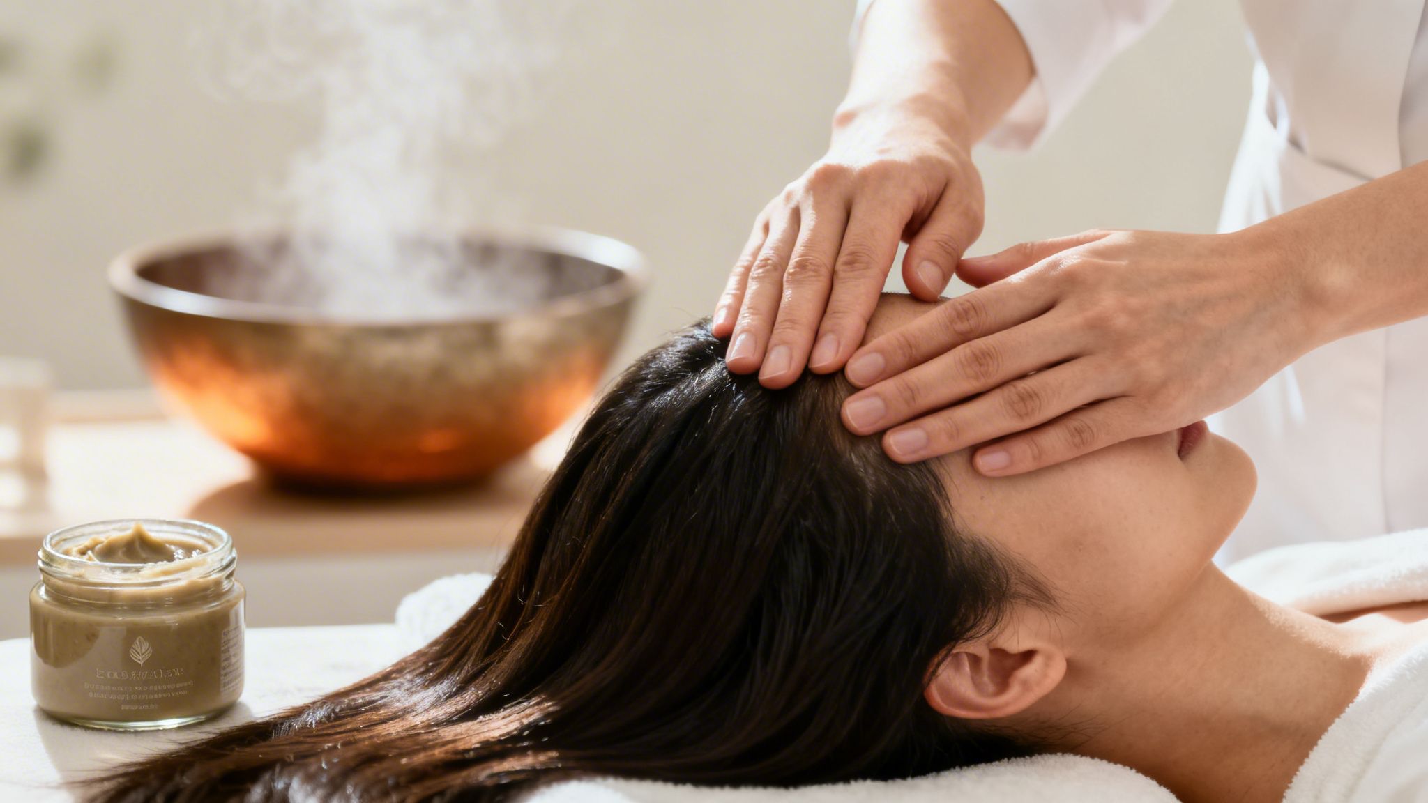 A person receives a relaxing head and face massage in a serene spa setting with steaming bowl and product.
