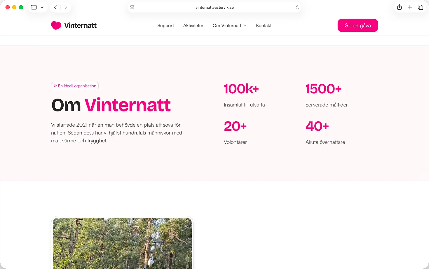 Om-sektion på Vinternatt Västerviks hemsida med siffror över insamlade medel, serverade måltider och volontärer.