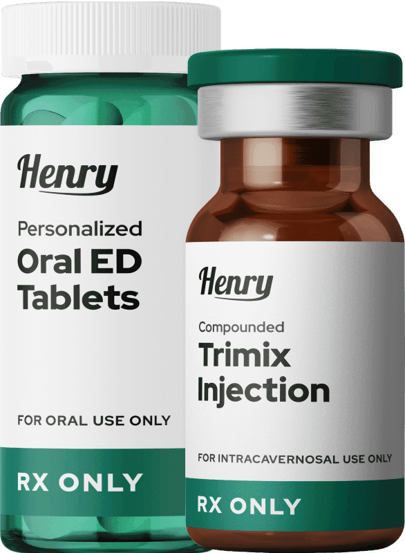 A bottle of oral ED tablets alongside a vial of injectable ED medication.