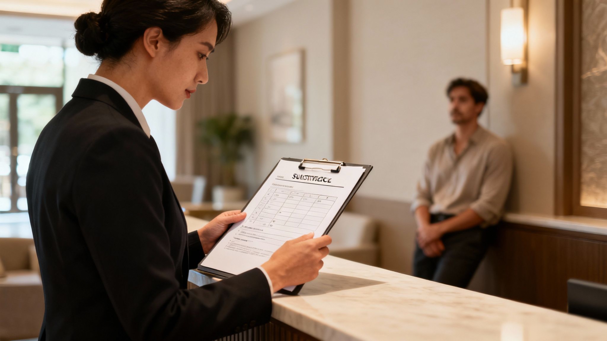 Professional hotel receptionist reviewing client satisfaction survey form at front desk with guest