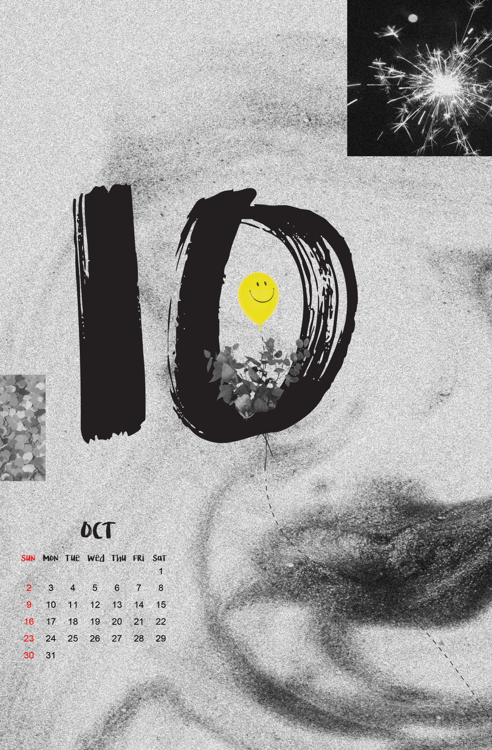 October 2022 month illustration in black and white with a 10 number in the middle of the frame and a small yellow balloon in the middle of the zero figure