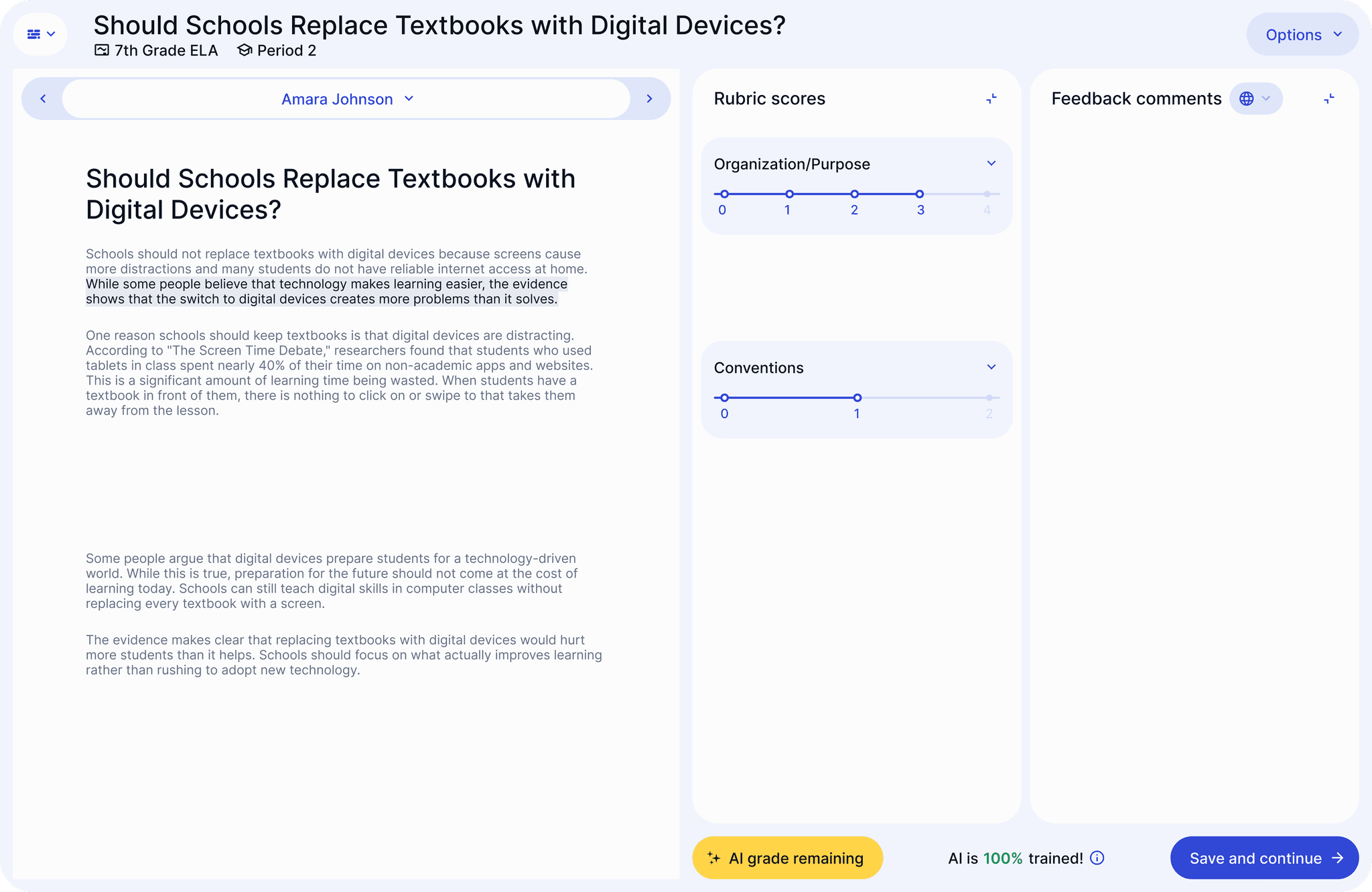 Teacher dashboard in EnlightenAI showing classes, assignments, and AI-powered feedback tools.