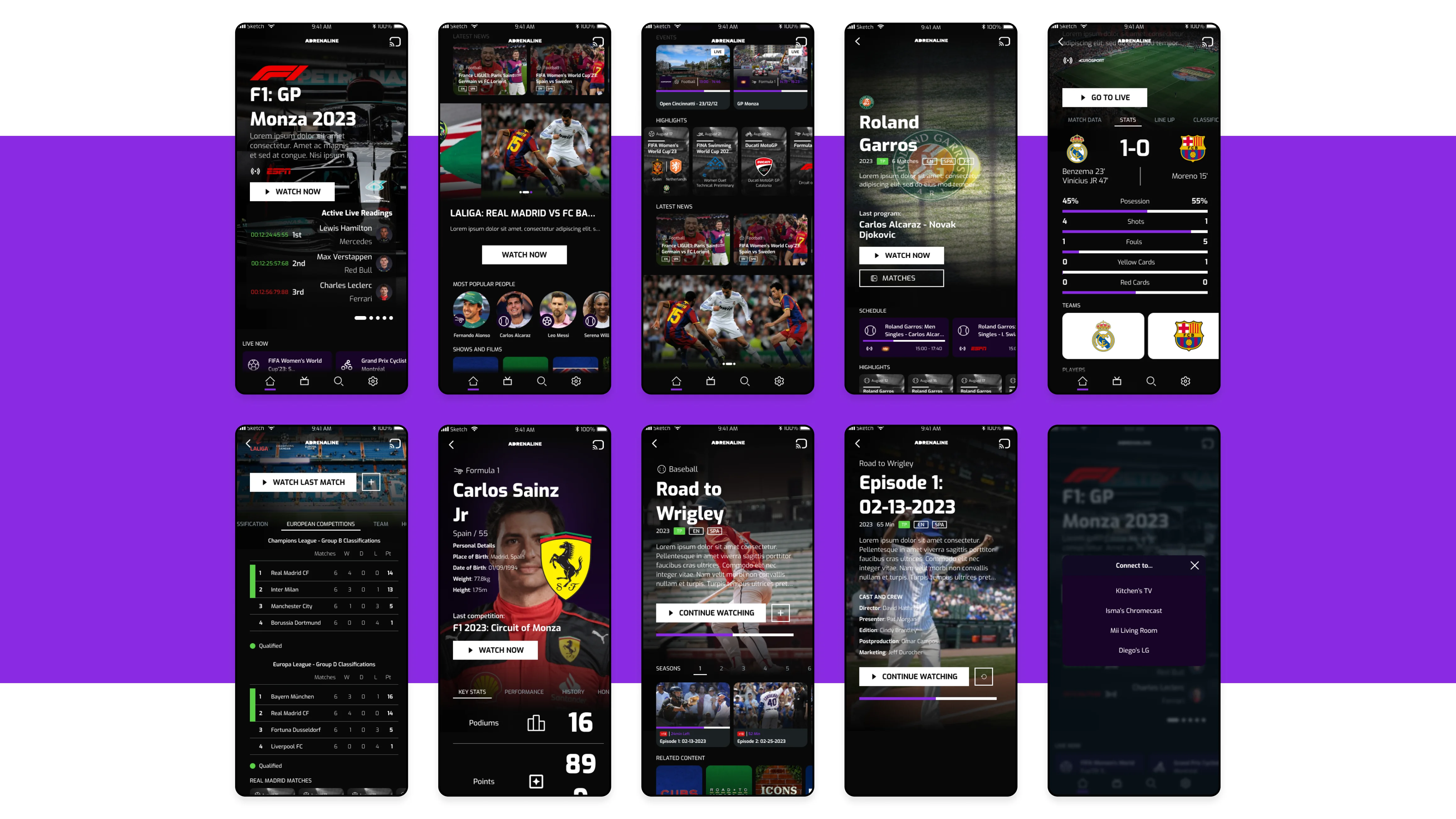 A set of sports app mockups showcasing various screens and features.