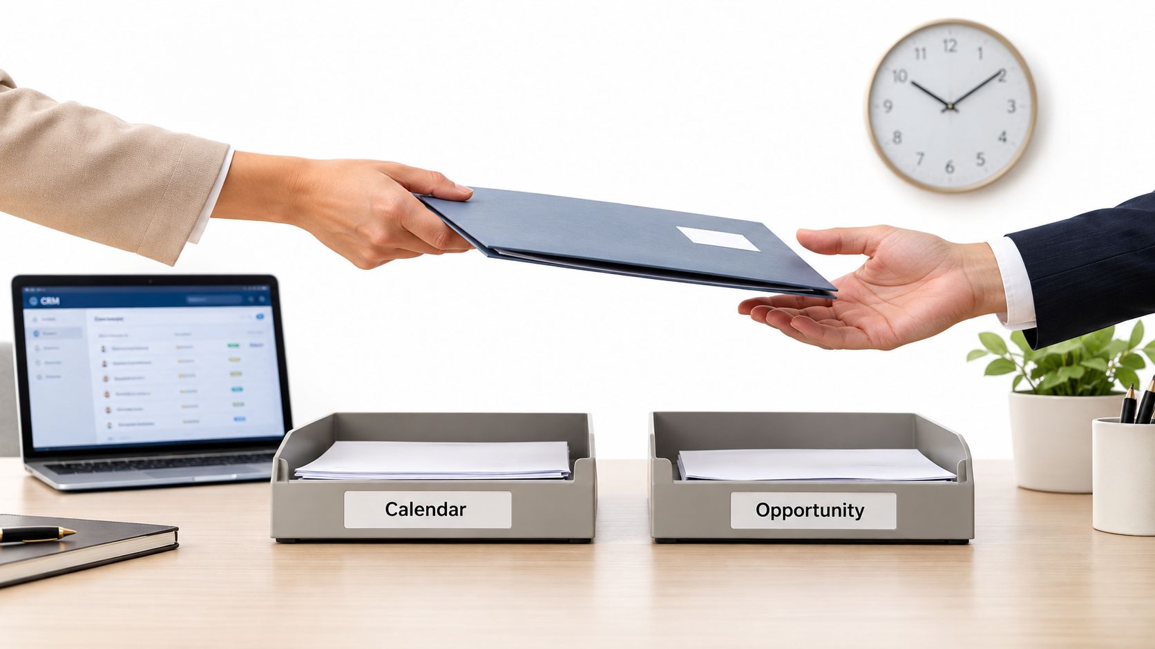 A professional handing a blue document folder to another person across an office desk with desk organizers.