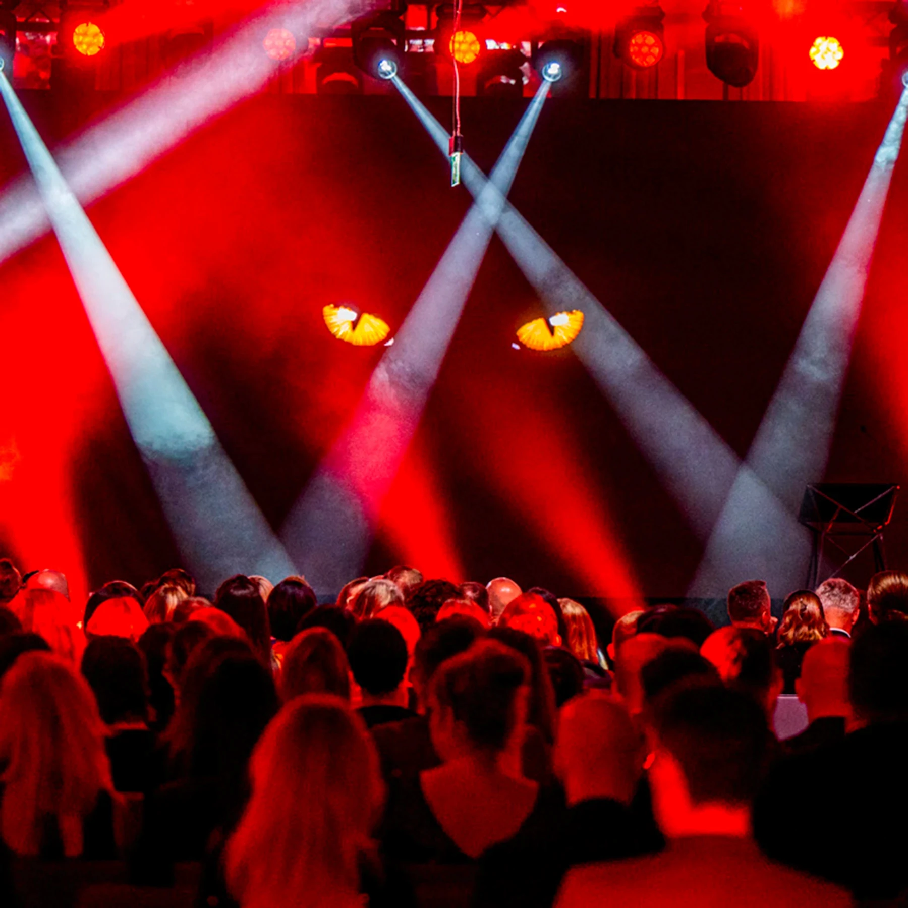 Stage view; red lights and red eyes of tiger