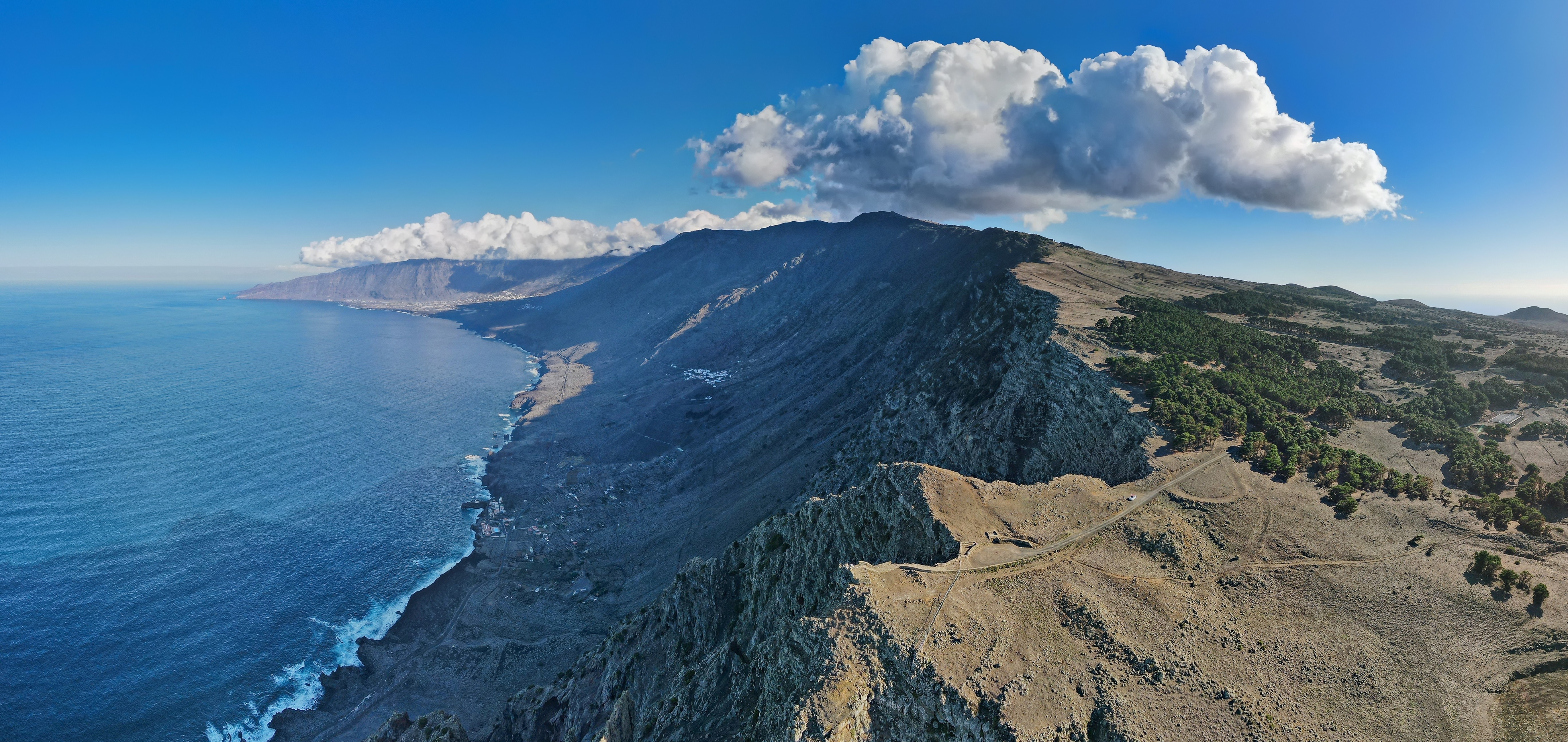 An aerial view of the volcanic, mountainous coastline of El Hierro, the smallest and wildest of the Canary Islands