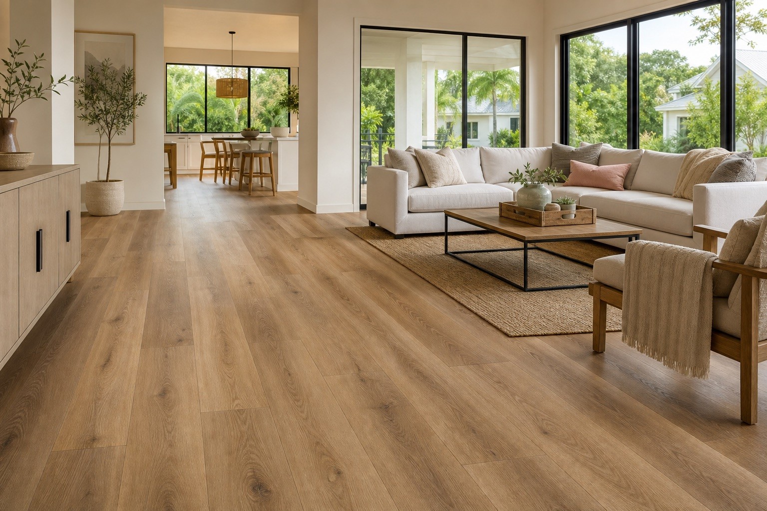 Luxury vinyl plank flooring in a bright Central Florida living room.