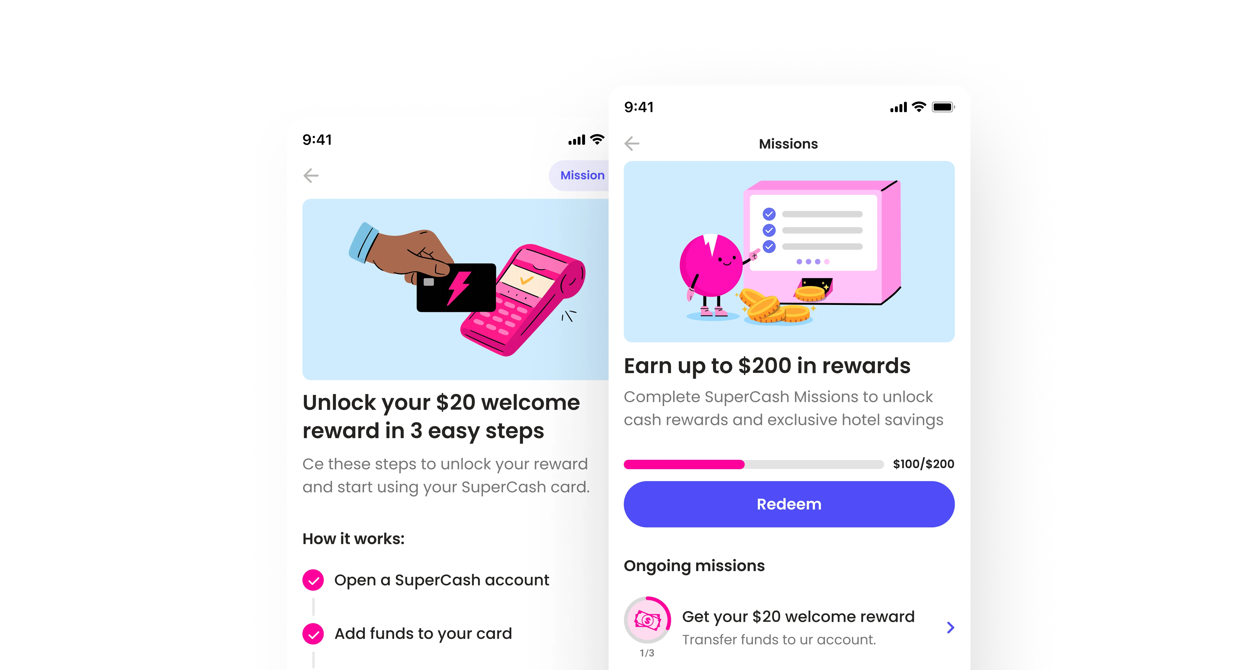 Product design mockup of Super.com’s new Missions system showing task-based rewards, progress tracking, and referral milestones, highlighting Yanick’s redesign that made rewards clear and motivating