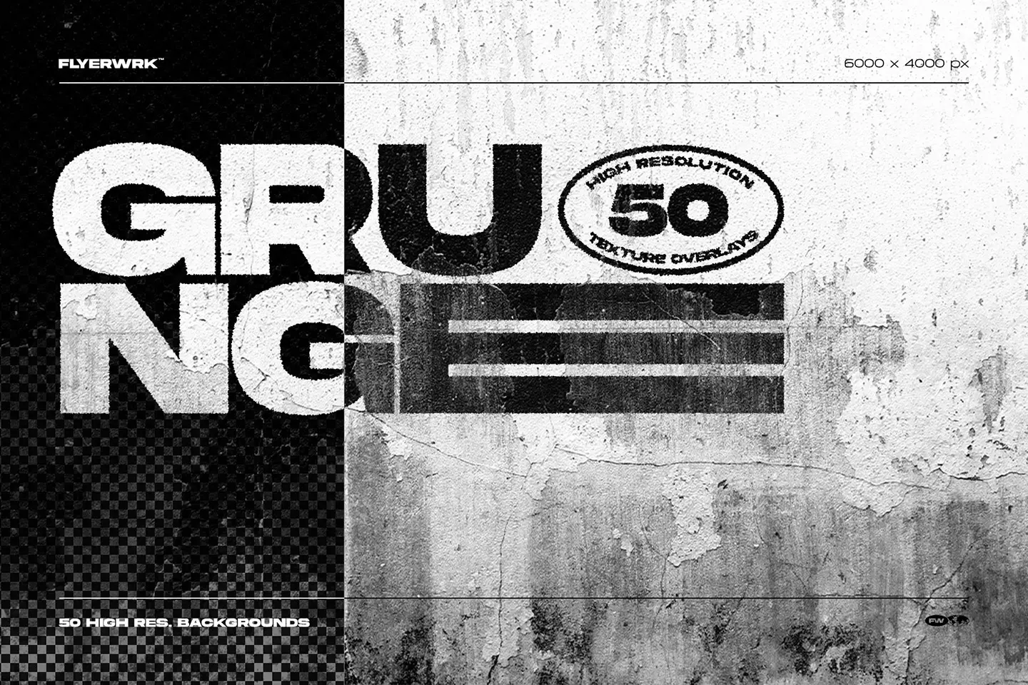 Black and white weathered concrete grunge textures with realistic 300DPI surface noise and heavy grain