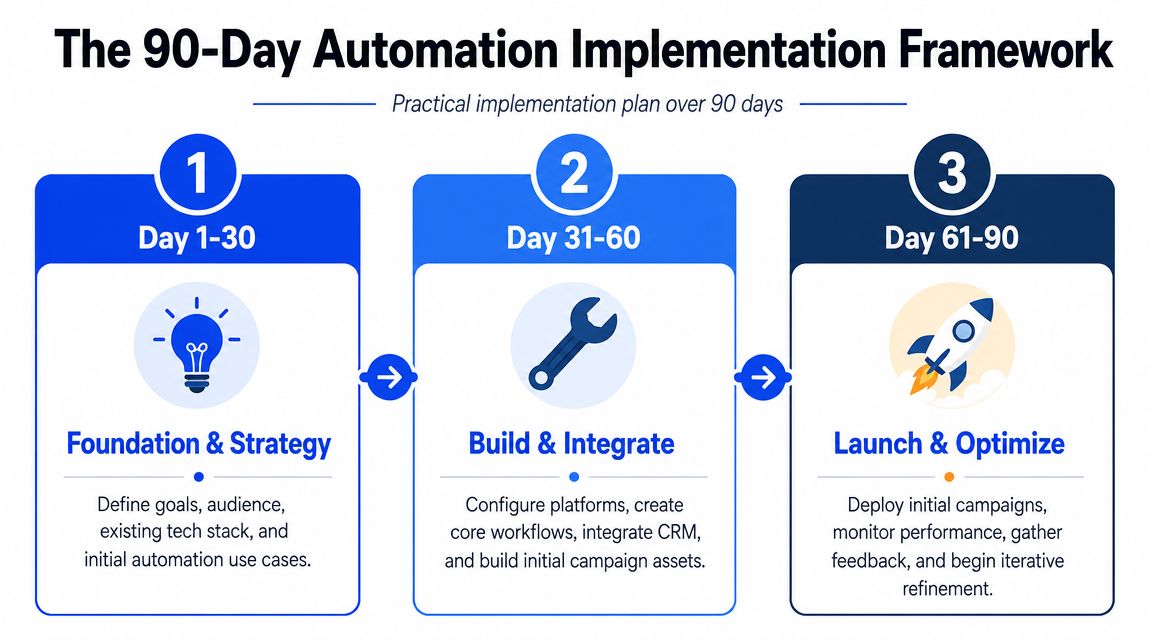 A 90-day framework infographic outlining the strategic automation implementation process in three distinct monthly phases.