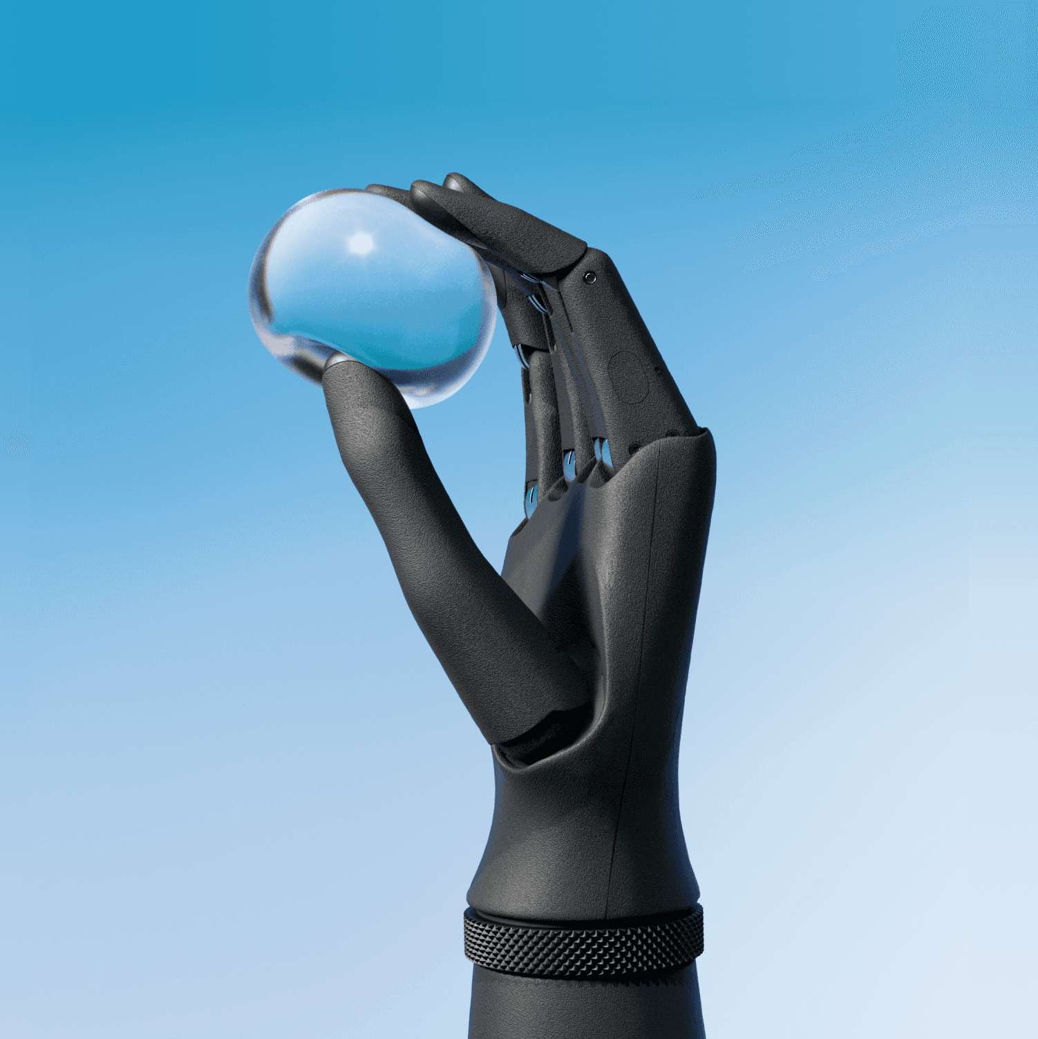 A matte black prosthetic hand delicately grasps a translucent sphere against a soft blue gradient background. The gesture highlights precise, seamless movement powered by six actuators.
