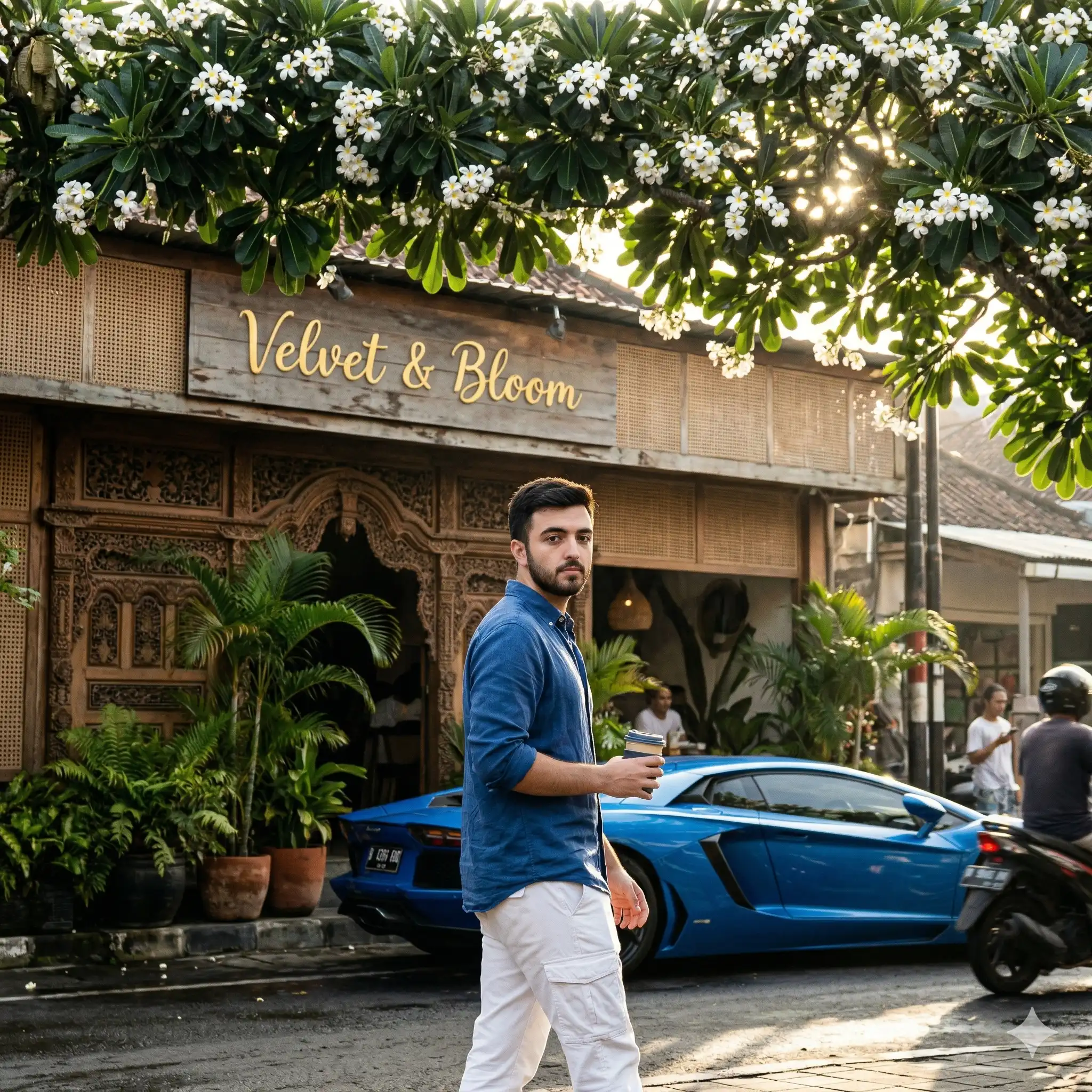 AI-generated lifestyle image of a man holding a coffee cup walking past a blue Lamborghini and a wooden storefront named Velvet & Bloom. AI image generation by Mahendra R.