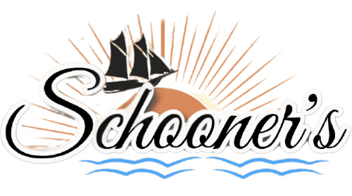 Schooner's logo featuring a stylized black sailing ship against a backdrop of a sunburst and waves.