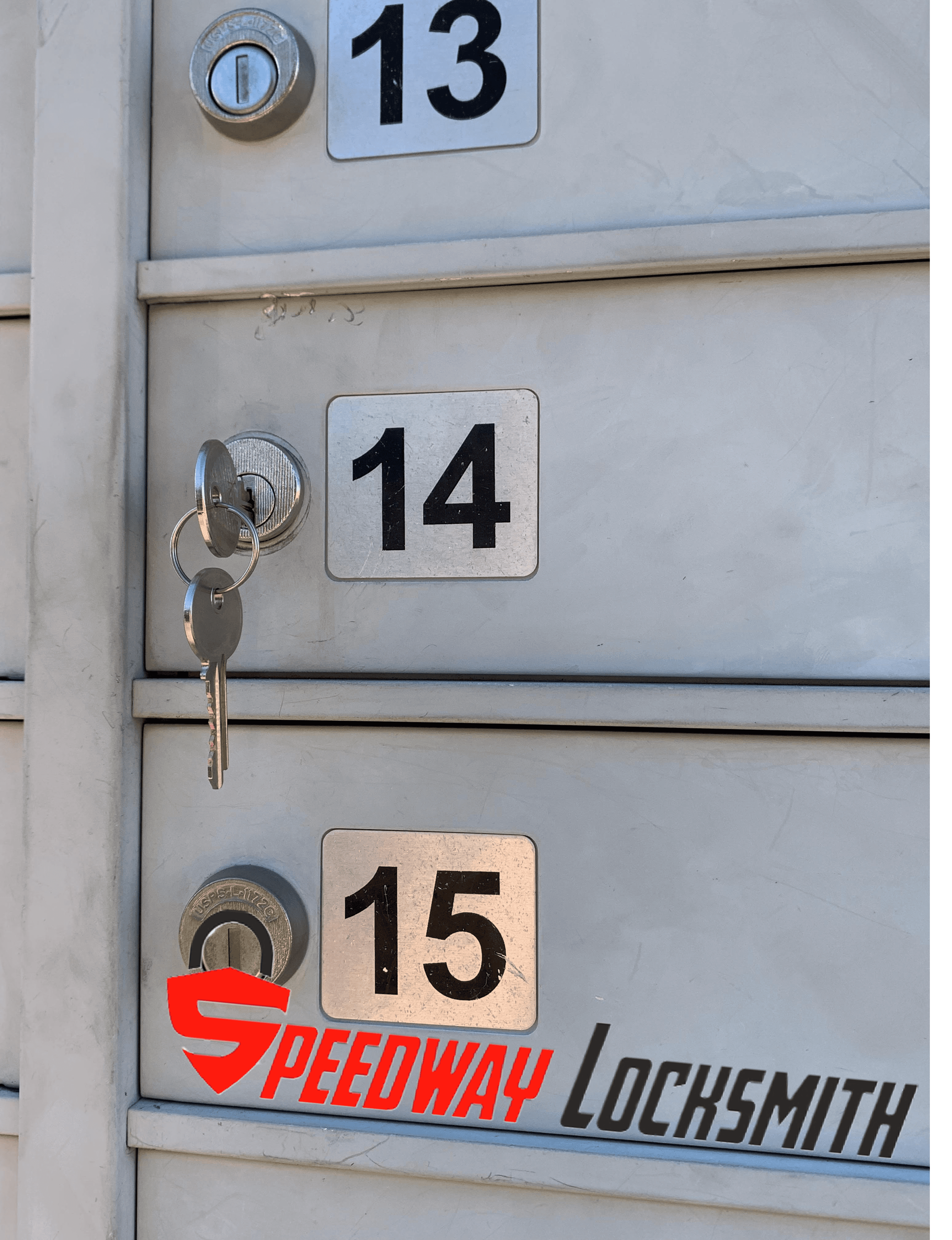 cluster mailbox numbers 13 14 15 lock number 14 has a set of 2 new keys that where replced by a technician from our company speedway locksmith and the company logo on the bottom.
