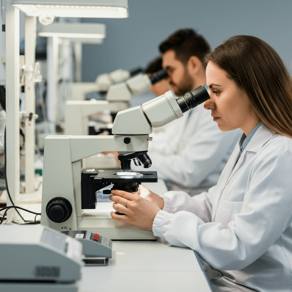 Quality technician examining component under laboratory microscope