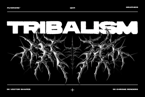 Tribalism vector shapes pack preview with chrome tribal logo graphic on black background