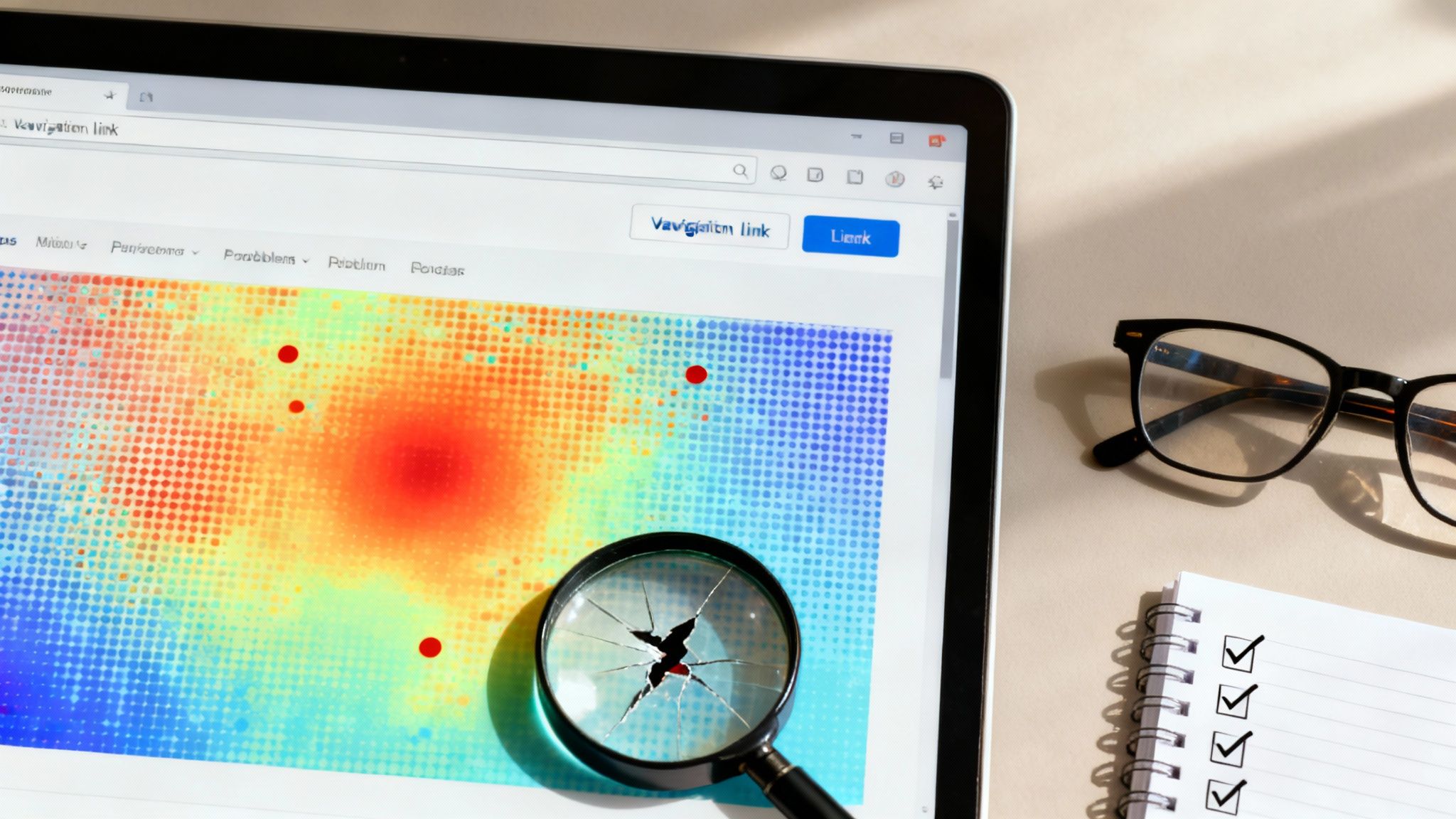 A magnifying glass hovering over a website layout, signifying the process of finding issues.