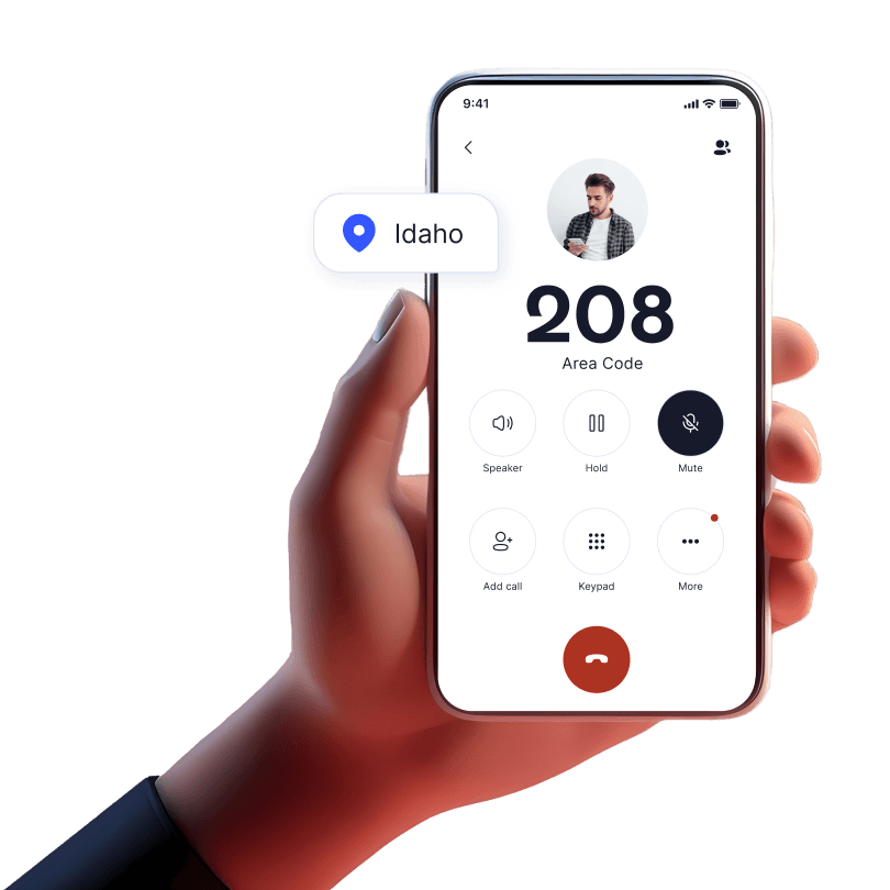 Hand holding mobile device with incoming call from 208 area code using LinkedPhone 2nd phone number mobile app