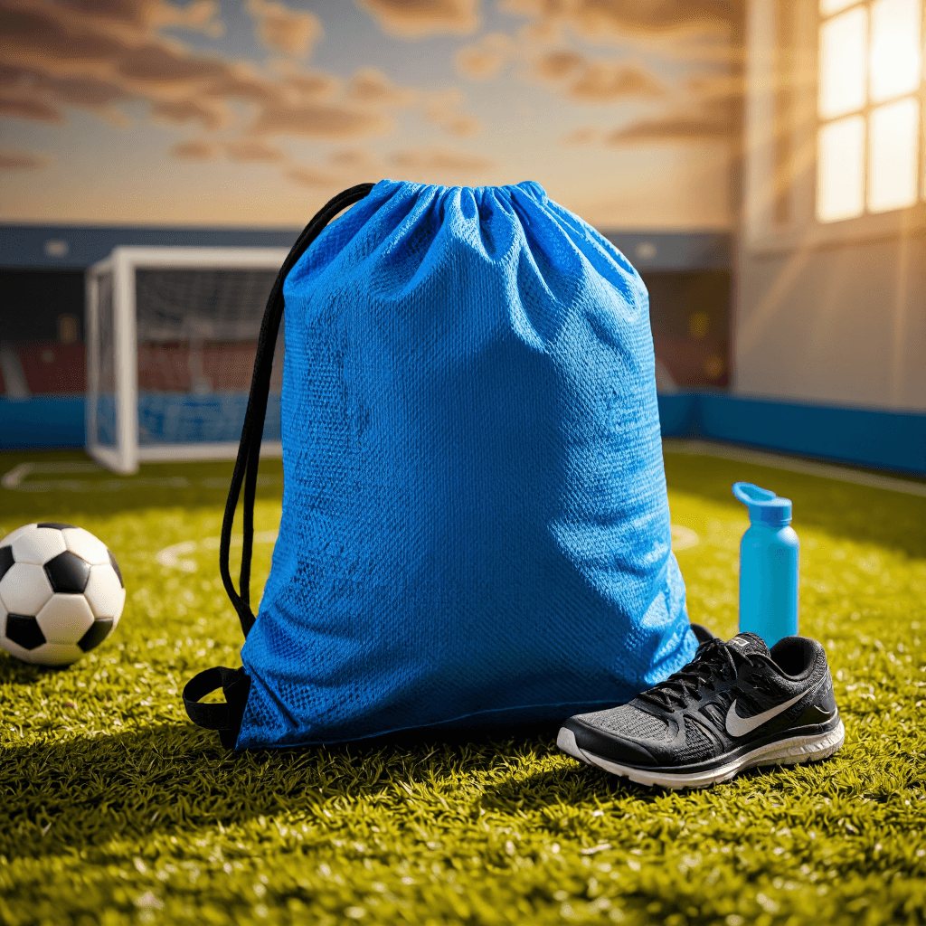 product photography of a drawstring backpack made of mesh fabric, suitable for carrying personal items