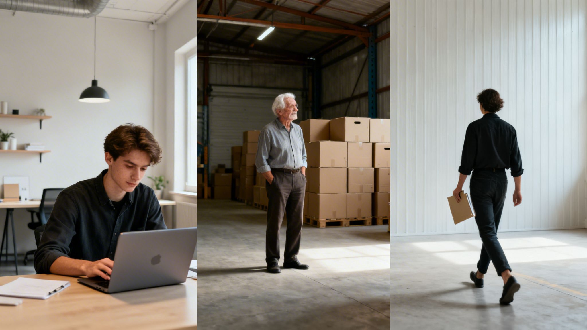 Ung man arbetar vid dator, äldre man i lager med kartonger, person går i tomt lagerutrymme.