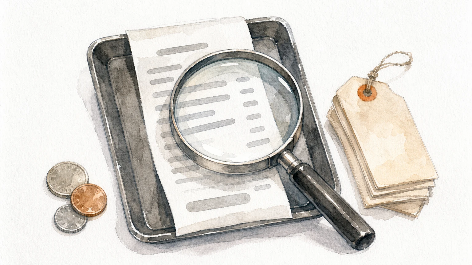 A magnifying glass over a printed bill beside coins and a stack of price tags.