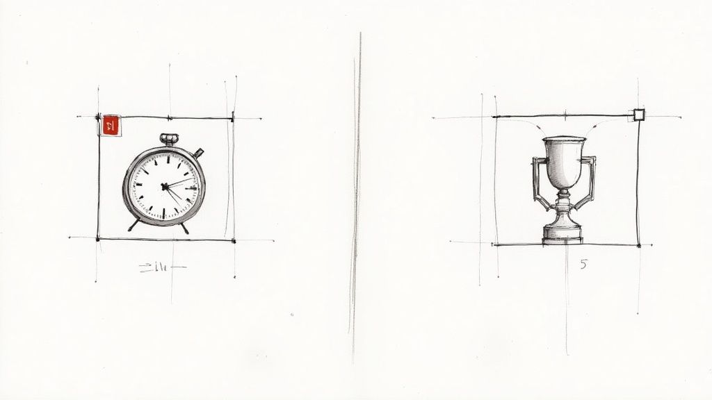 Two hand-drawn sketches: an alarm clock on the left and a trophy cup on the right, both with design annotations.