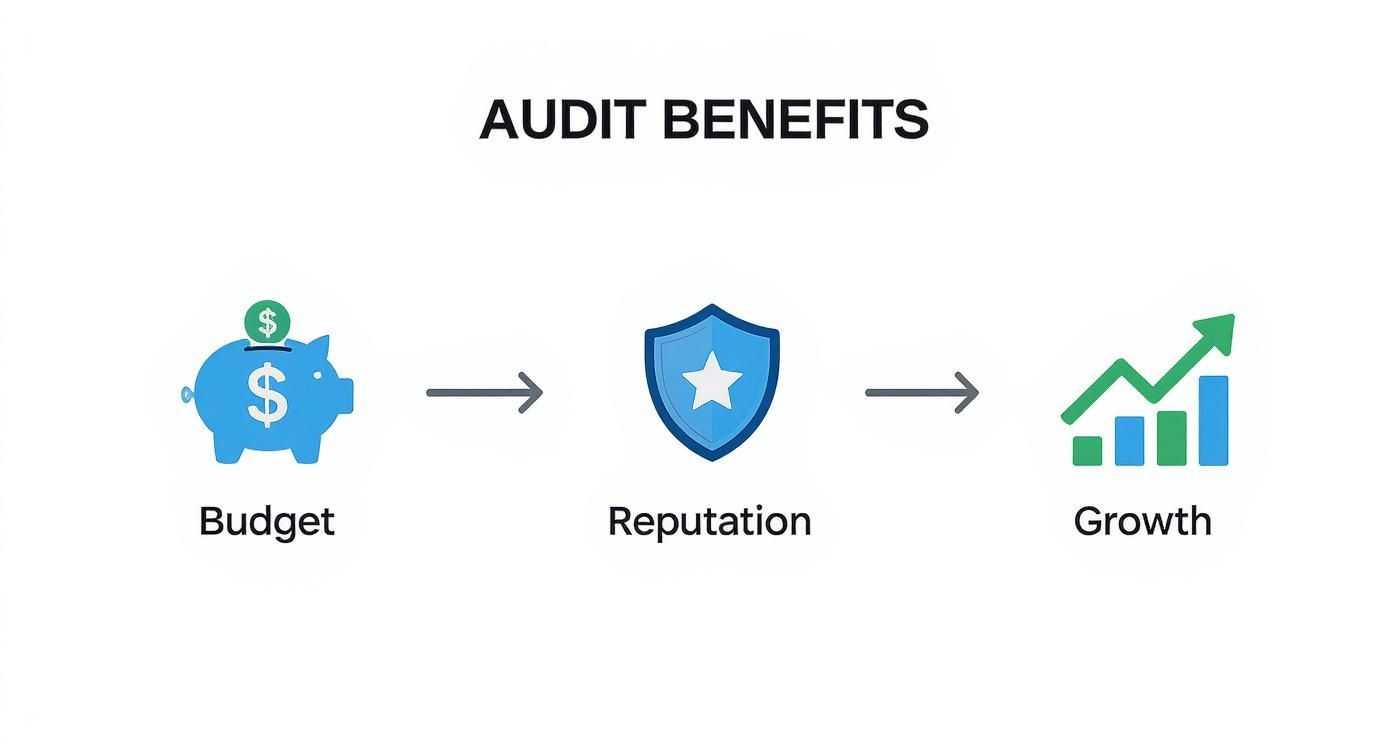 Infographic showing audit benefits: managing budget leads to improved reputation and business growth.
