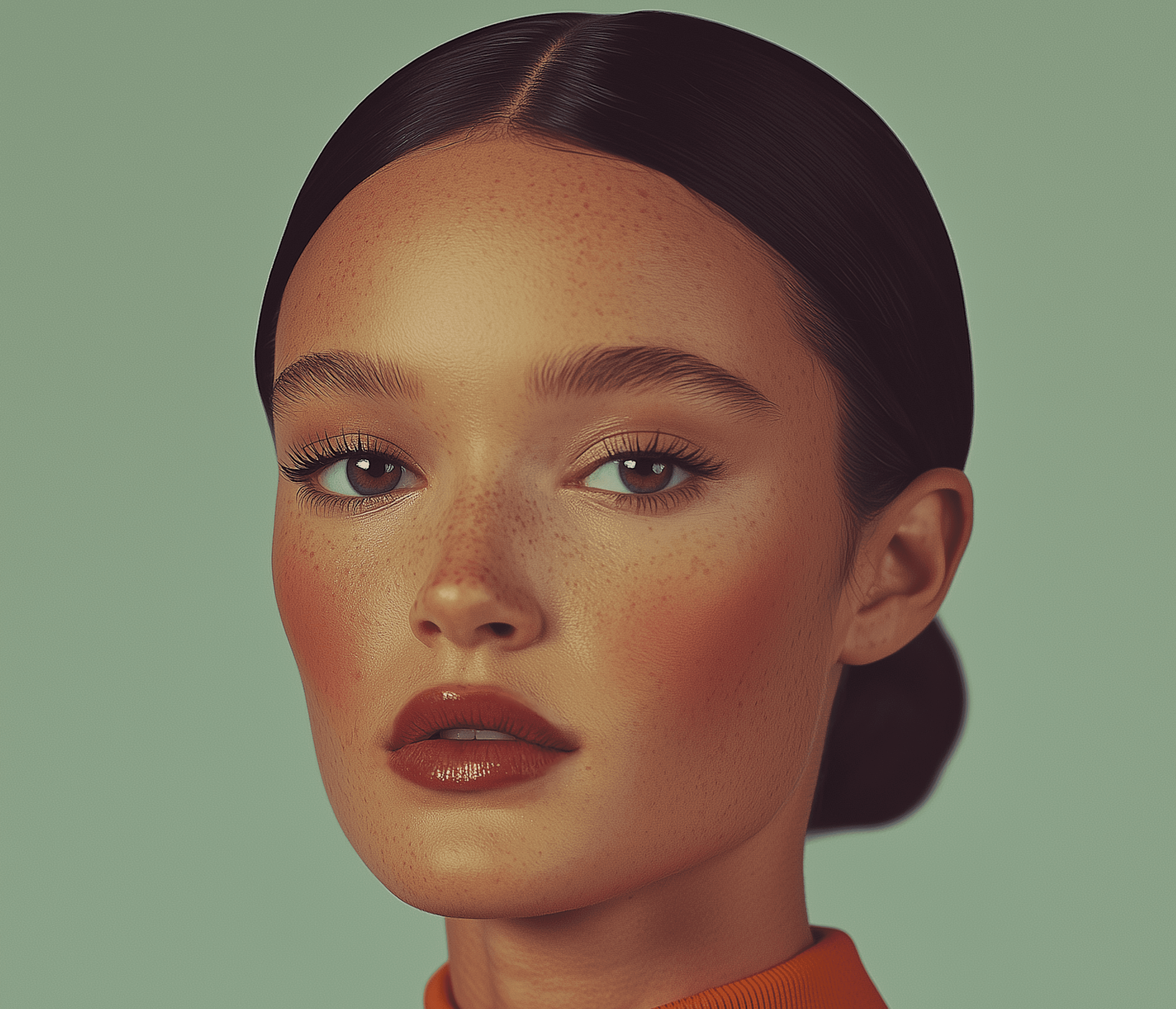 Freckled woman with brown hair and eyes.