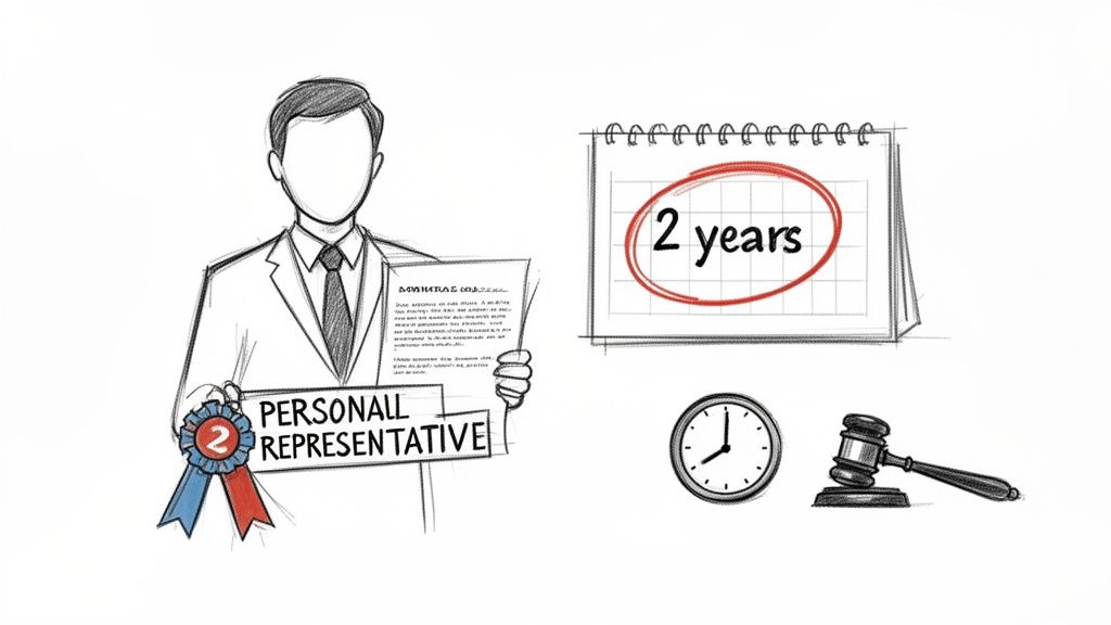An illustration of a personal representative, a 2-year calendar, a clock, and a judge's gavel.
