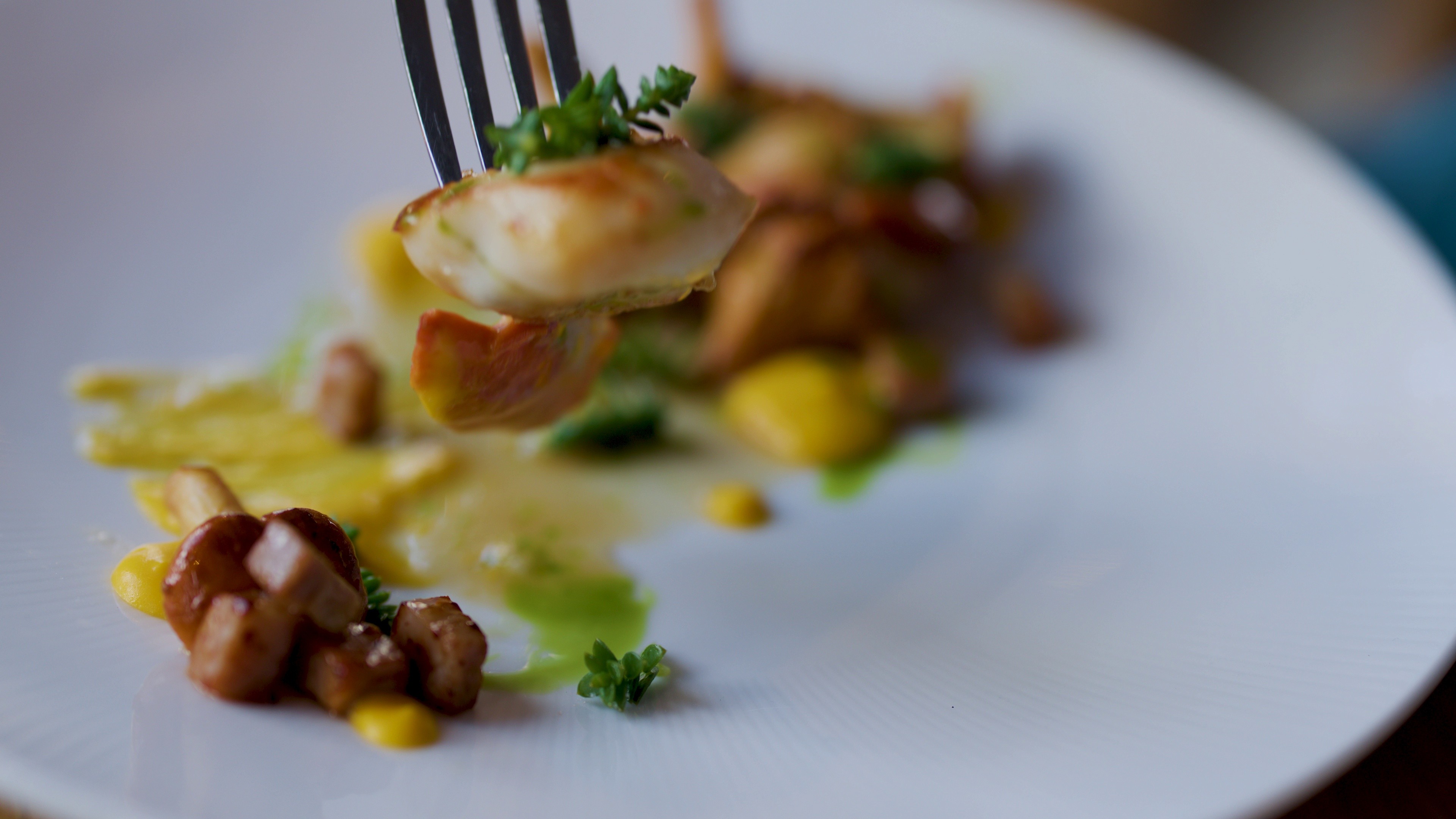 A fork lifts a seared scallop from a plated seafood dish