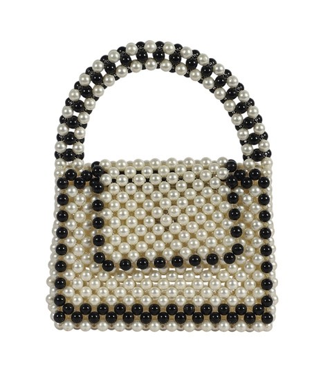 Handmade pearl beaded handbag with black and white bead pattern
