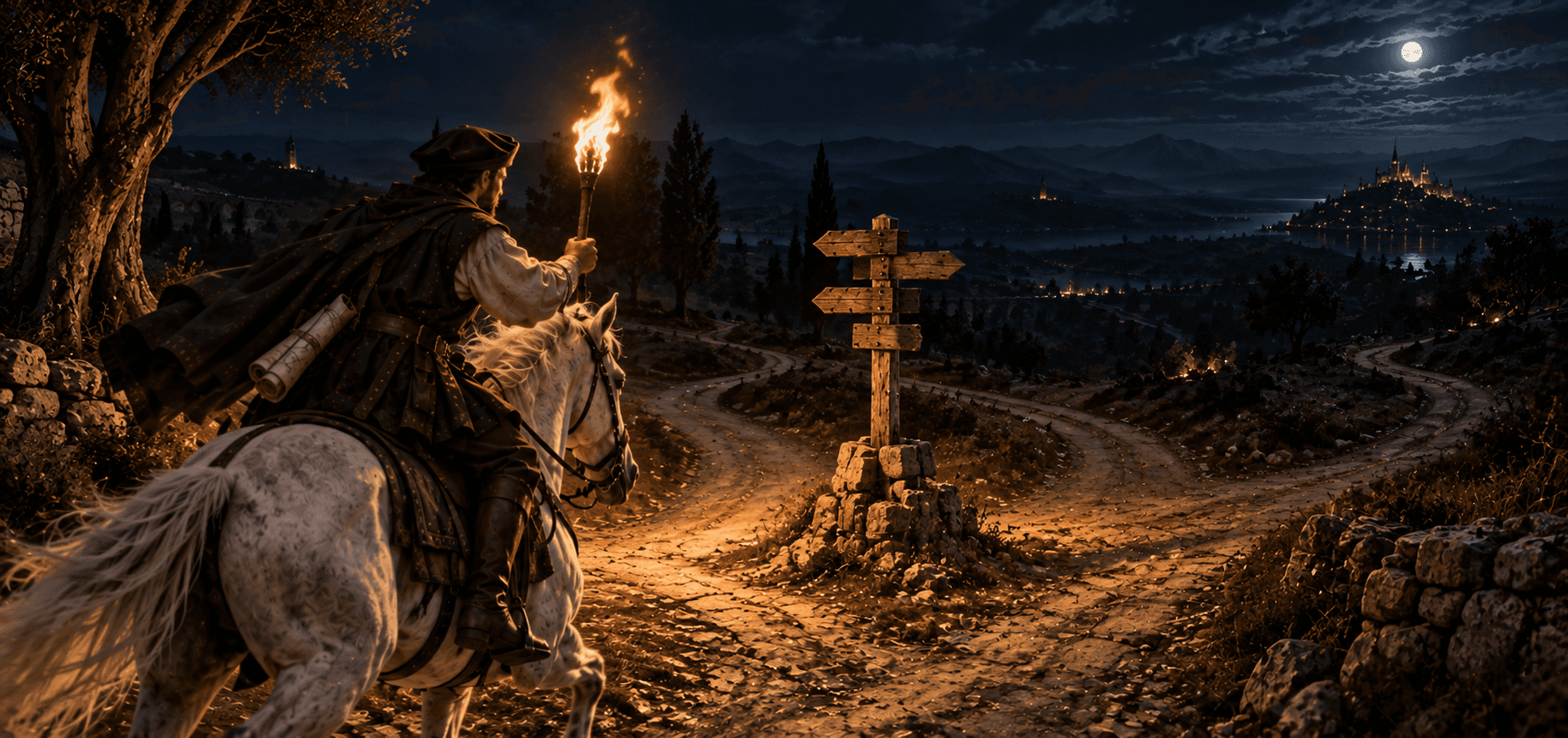 A torch reveals only the immediate road and crossroads