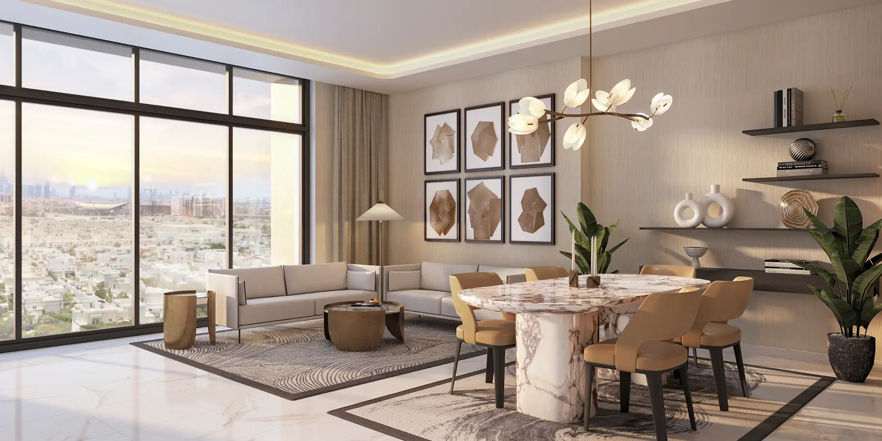 A modern living room in Azizi Central, Dubai, featuring large windows with a panoramic view of the city skyline.