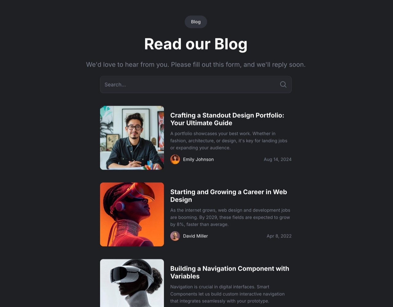 Framer Dark Blog News Section - Frameblox UI