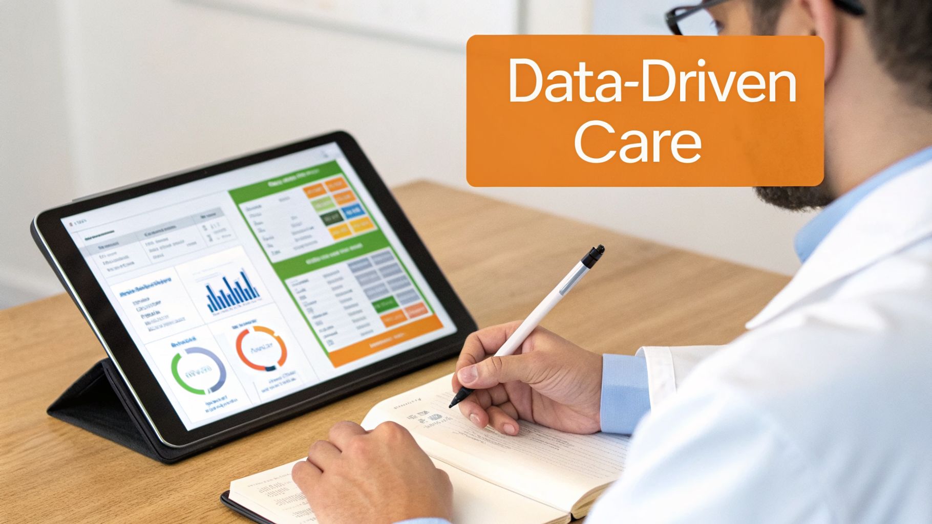 A doctor analyzing patient data on a tablet and writing notes, symbolizing data-driven care.