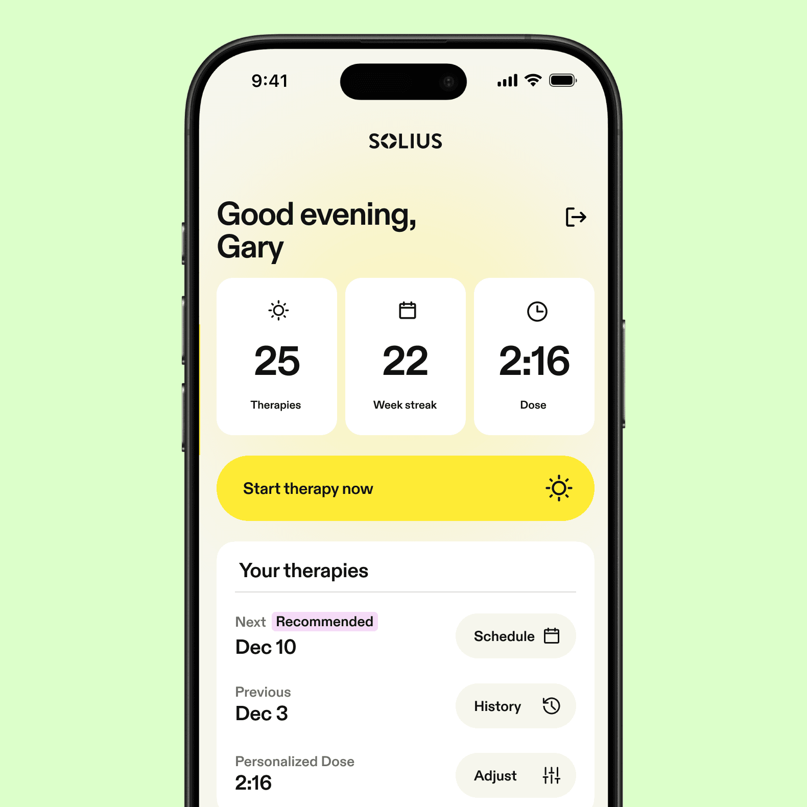 Minimal dashboard card showing therapy details with next recommended date, previous session date, personalized dose, and options to schedule, view history, or adjust settings