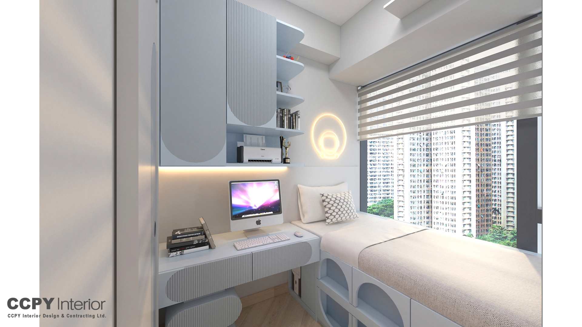 Modern bedroom with desk, computer, and bed.