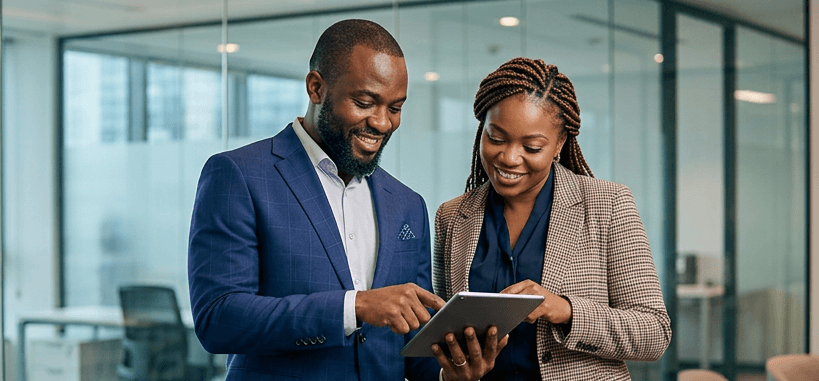 two men sitting at a table with a tablet