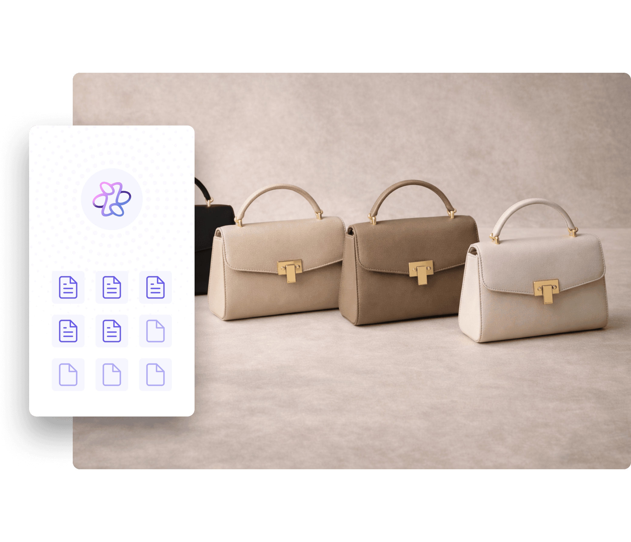 A row of stylish black and beige handbags and high heels are elegantly displayed on white pedestals in a modern retail store, emphasizing luxury fashion and accessories.