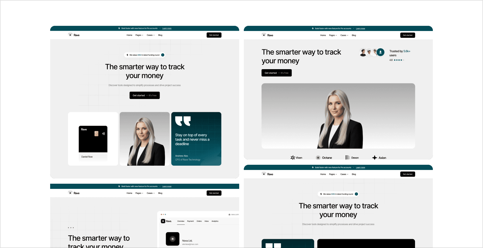 Four hero section variations of the Rave landing page showcasing money-tracking features