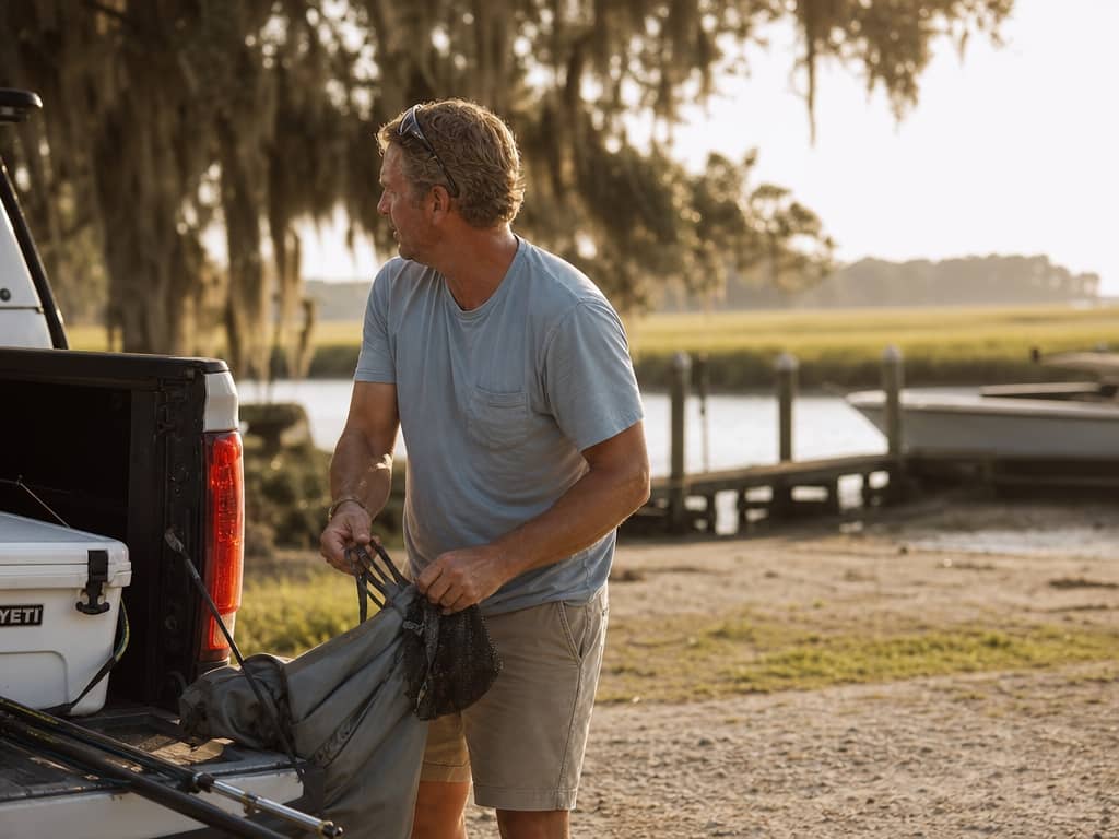 Man carrying a YETI cooler near a Lowcountry marsh dock after a day on the water — Hero Health & Hormone men's TRT and testosterone optimization in Charleston, SC