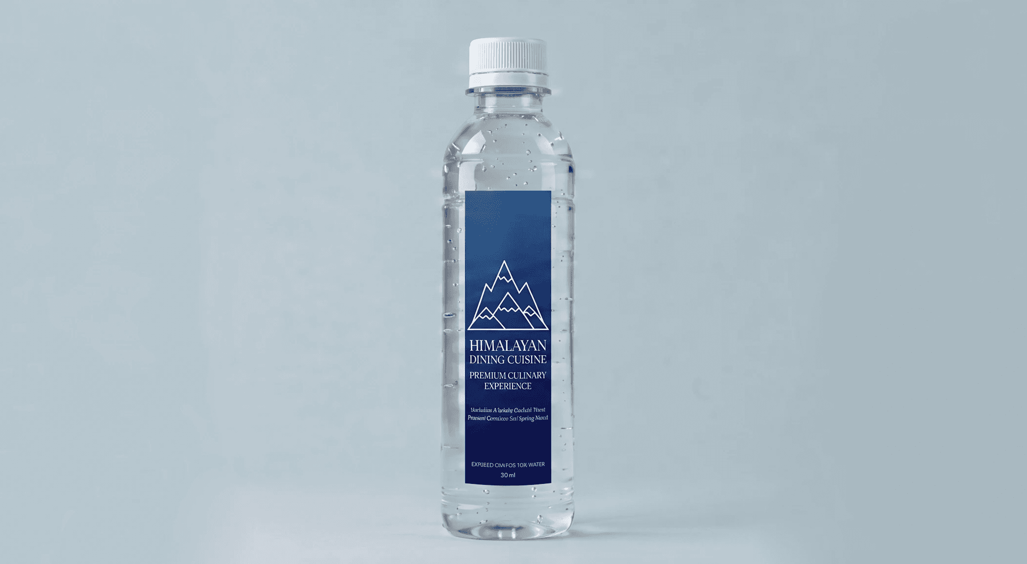 Himalayan Dining Cuisine premium water bottle with a white cap on a blue background.