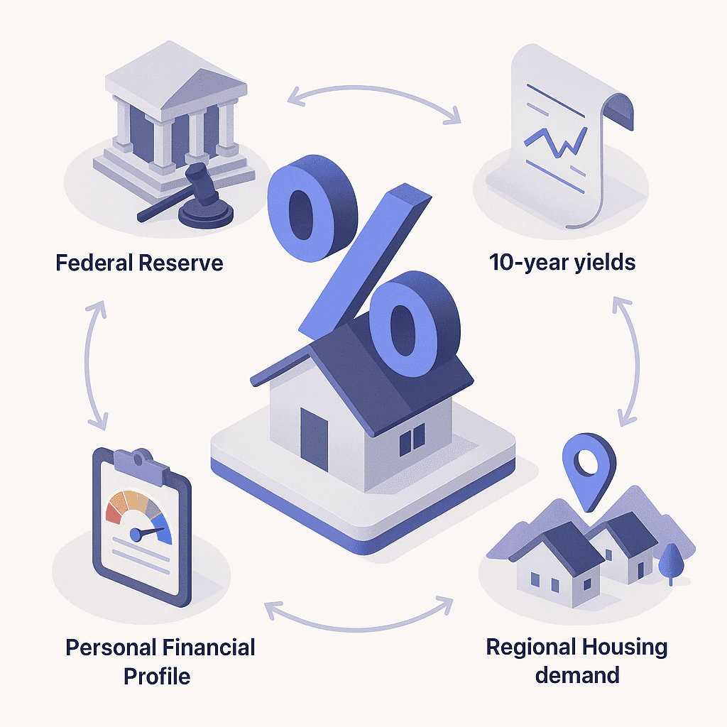 Diagram of four economic and personal factors converging on a central mortgage rate symbol