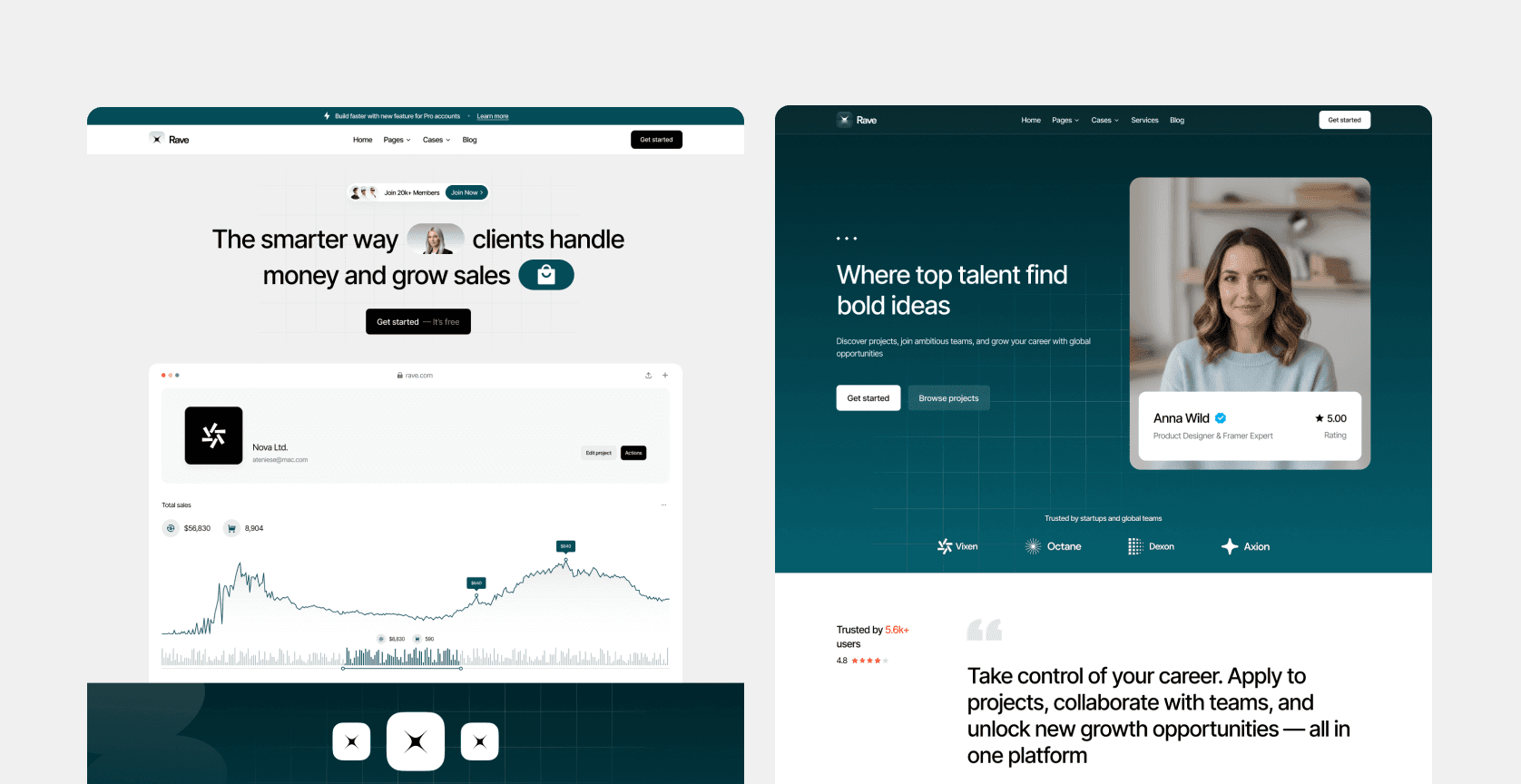 Comparison of two hero section designs — a fintech landing page on the left and a creative talent platform on the right