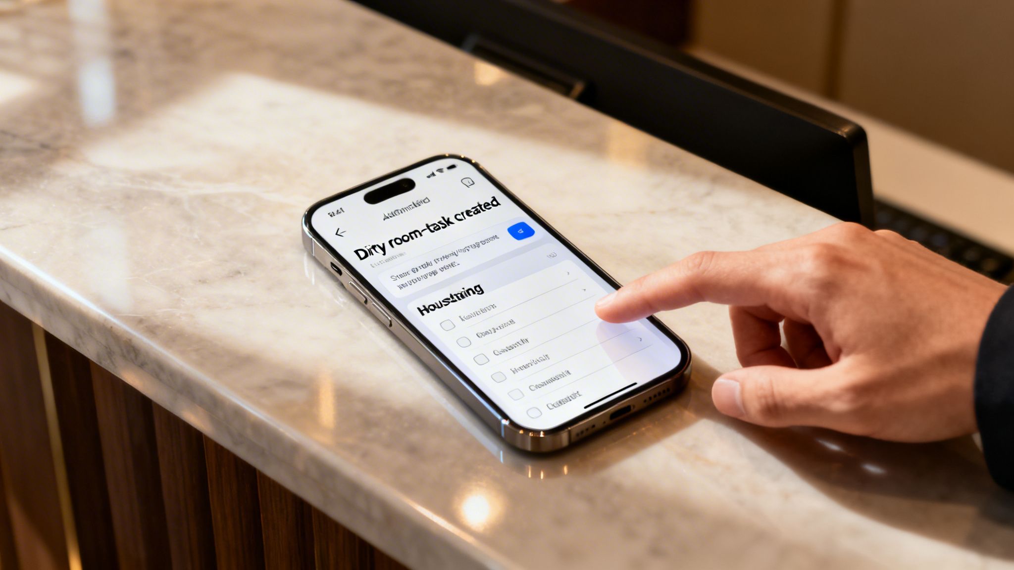 A person's hand taps a smartphone displaying a housekeeping task list on a marble counter.