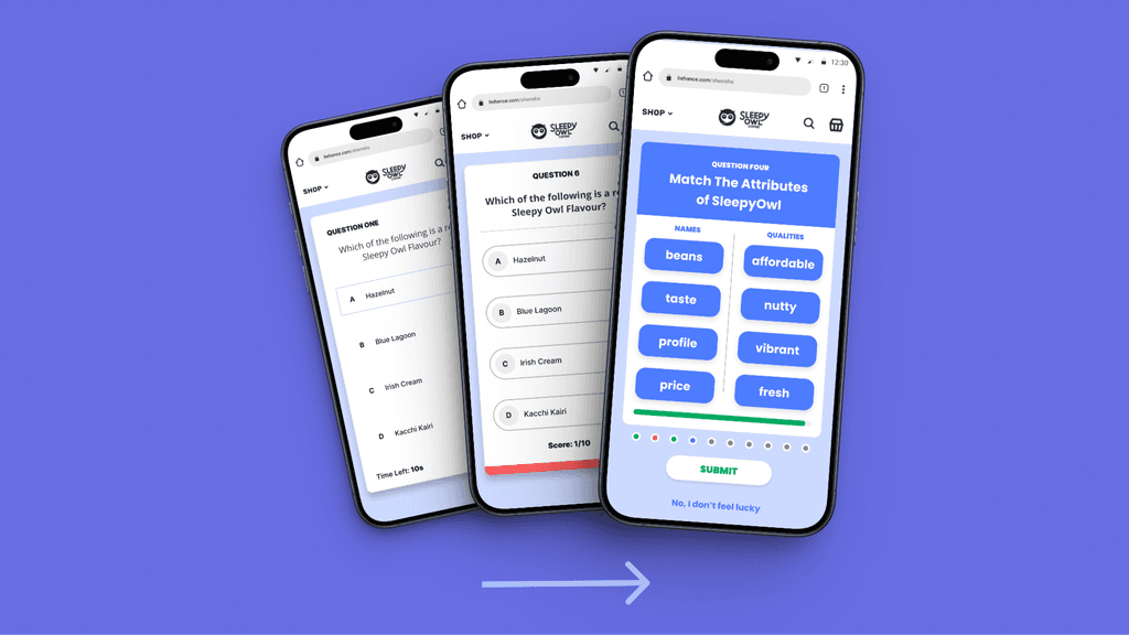 image of various iterations of a trivia game hosted by sleepyowl made with engagebud on mobile devices